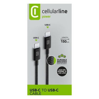 سيلولارلين كابل USB مضفر، من USB-C إلى USB-C، مضفر ومعزز بطول 150 سنتيمتر، أسود