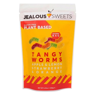 Jealous Sweetes - Tangy Worms Candy, Apple Lemon Strawberry Orange Flavors, Plant Based Geltaine, Bag 125g