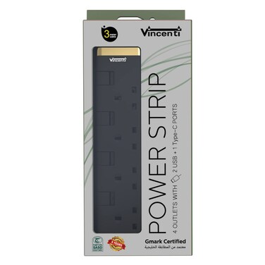 فينسنتي وصلة كهرباء، 4 مقابس، 3 متر، USB A ×2