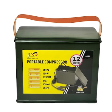 3XR Portable Air Compressor, 12V DC, 160W, 150 PSI, Metal Housing, with 3 Adapters for Auto Tires, Bike Tires, Balls, and Inflatable Boats, Oil-Free and Maintenance-Free
