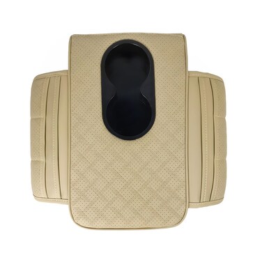 Universal Car Armrest Storage Box with Dual Cup Holder   PU Leather Console Side Organizer   Beige   32x20x12cm









