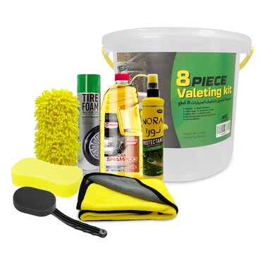 8-Piece Car Valeting Kit with Bucket, Tire Foam, Car Shampoo, Microfiber Towel, Sponge, Wheel Brush &amp; Protectant Cleaner








