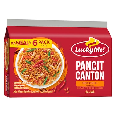 Lucky Me!! Pancit Canton Instant Stir-Fried Noodles Hot Chili Flavor 60g x 6 Packs &ndash; Net Wt. 360g