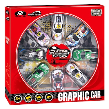 Power Joy Vroom Pullback Graphic Car 8 PCS
