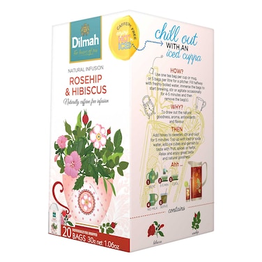 ديلما شاي ثمر الورد والكركديه الطبيعي، خالٍ من الكافيين، 20 كيس شاي