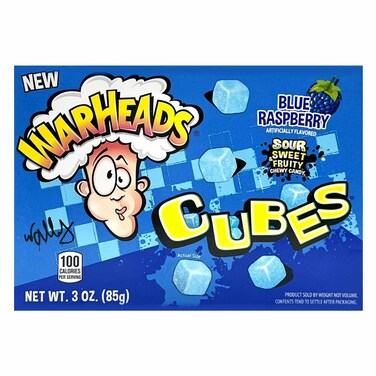 Warheads Blue Raspberry Sour &amp; Sweet Fruity Chewy Candy Cubes 85g