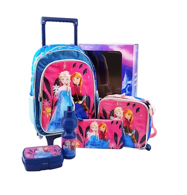 ديزني فروزن – مجموعة المدرسة 5 في 1: حقيبة ترولي 16 بوصة، حقيبة طعام، مقلمة، علبة طعام، وزجاجة ماء – ألوان متنوعة (يتم الاختيار عشوائياً)
