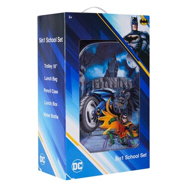 DC Batman Elegant 5 in 1 School Set, 16 Inch Trolley Bag with Lunch Bag, Pencil Case, Lunch Box, and Water Bottle