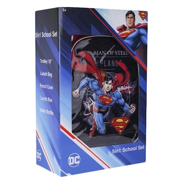 DC Man of Steel 5-in-1 School Trolley Set with Lunch Bag, Pencil Case, Lunch Box &amp; Water Bottle &ndash; 18 inch