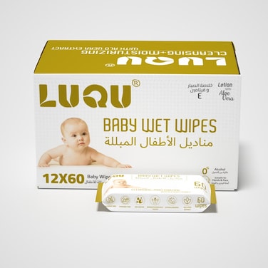 LuQu Original Plastic Free Baby Wipes, 720 Wet Wipes, 99.9% Water Based And Unscented For Sensitive Skin Pack of 12