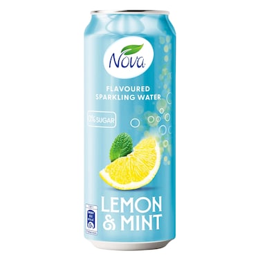 نوفا – مياه فوارة منكهة بنكهة الليمون والنعناع – عبوة معدنية 250 مل