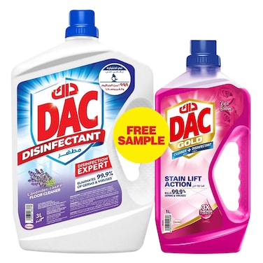 داك منظف ومطهر للأرضيات، برائحة اللافندر، 3 لتر، + داك جولد منظف ومطهر للأرضيات، برائحة الورد، 1 لتر مجانًا، عبوة قيمة