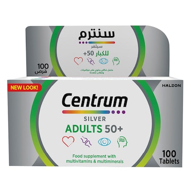 سنتروم سيلفر للبالغين بعمر 50+، مكمل غذائي مع فيتامينات ومعادن متعددة للبالغين، 100 قرص