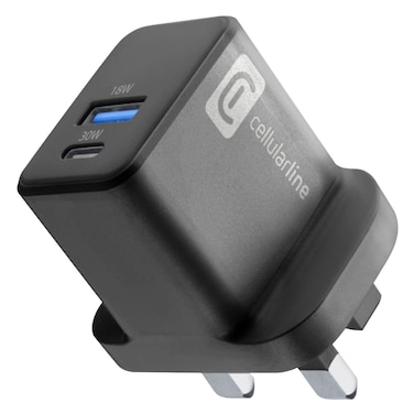Cellularline 2-Port USB &amp; PD 30W UK Adapter &ndash; Black