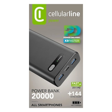 سيليلولاين باور بنك بسعة 20000 مللي أمبير، 20 واط، باللون الأسود، EMER20K