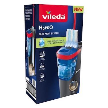 Vileda H2Pro Flat Mop System, Revolutionary Clean And Dirty Water Separation, Water-Saving Design, Compact Storage, Ergonomic Handle, Microfibre Power, Can Be Used One-Handed