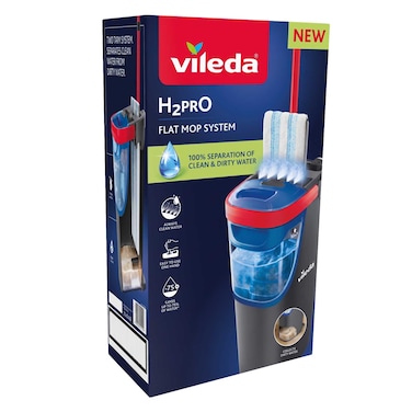 Vileda H2Pro Flat Mop System, Revolutionary Clean And Dirty Water Separation, Water-Saving Design, Compact Storage, Ergonomic Handle, Microfibre Power, Can Be Used One-Handed