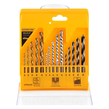 Epsilon Drill Bit Set &ndash; Metal, Masonry &amp; Wood &ndash; HSS Bits Included &ndash; 15 Pieces