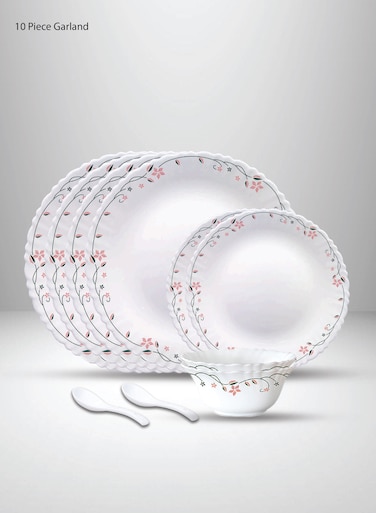 BRITISH CHEF 10 Pieces Opalware Dinner Set   Microwave &amp; Dishwasher Safe   Garland Dinnerware set with 4-Piece Dinner Plate, 2-Piece Side Plate, 2-Piece Soup Bowl, 2-Piece Spoons-White