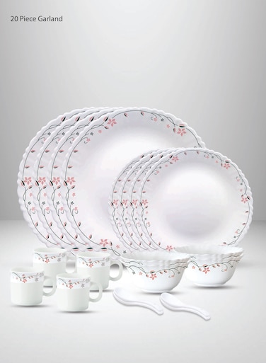BRITISH CHEF 20 Pieces Opalware Dinner Set   Microwave &amp; Dishwasher Safe   Garland Dinnerware set with 4-Piece Dinner Plate, 4-Piece Side Plate, 4-Piece Veg Bowl, 4-Piece Mug, 4-Piece Spoons-White