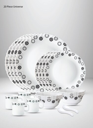 BRITISH CHEF 20 Pieces Opalware Dinner Set   Microwave &amp; Dishwasher Safe   Universe Dinnerware set with 4-Piece Dinner Plate, 4-Piece Side Plate, 4-Piece Veg Bowl, 4-Piece Mug, 4-Piece Spoons-White