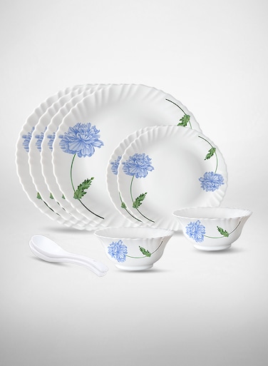 BRITISH CHEF 10 Pieces Opalware Dinner Set   Microwave &amp; Dishwasher Safe   Blue Mist Dinnerware set with 4-Piece Dinner Plate, 2-Piece Side Plate, 2-Piece Soup Bowl, 2-Piece Spoons-White