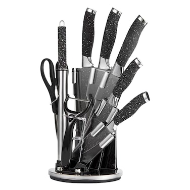 Cuisine Art - 9-Piece Professional Kitchen Knife Set with Revolving Stand &ndash; Includes Chef, Cleaver, Slicing, Utility, Fruit Knives, Scissors, Sharpening Rod and Potato Peeler - Black