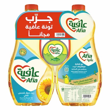 عافية - زيت دوار الشمس، 1.5 لتر × 2 + تونة قطع كاملة، 90 جرام