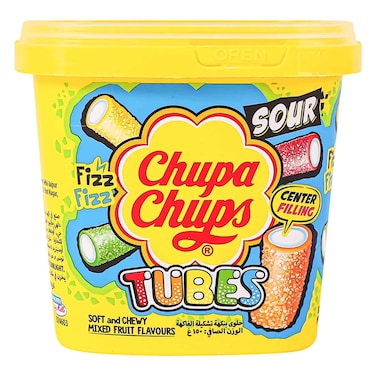 Chupa Chups Sour Fizz Soft &amp; Chewy Tubes Mixed Fruit Flavours &ndash; 150 g