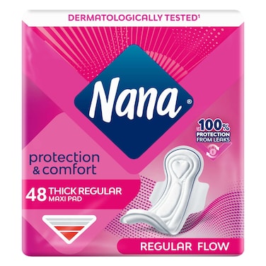 نانا - فوط صحية ماكسي سميكة عادية، - تدفق عادي - 48 فوطة - حماية كاملة من التسرب