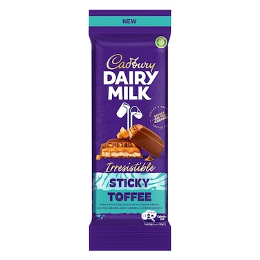 Cadbury Dairy Irresistible Sticky Toffee Family Milk Chocolate with Toffee Cream, Salted Caramel and Caramel-Almond Crunch 102g