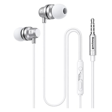 Honeywell Moxie V50 - Wired Earphones with Built-in Mic, 10mm*2 Drivers, Passive Noise Cancellation, Deep Bass, 3.5mm AUX, 1.2M, White