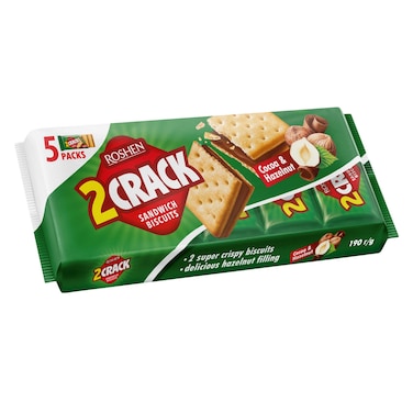 Roshen 2 Crack Cocoa &amp; Hazelnut Cream Filled Sandwich Biscuits 190g
