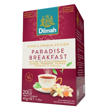 ديلما شاي سيلاني أسود منكّه من مصدر واحد – بارادايس بريكفاست (قرفة، زنجبيل، كركم، فلفل، جوز الهند وفانيليا) – 20 كيس شاي (40 جرام)