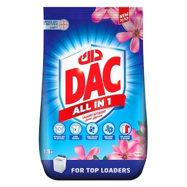 داك – مسحوق غسيل متعدد الاستخدامات – يزيل 99٪ من البكتيريا – يدوم طويلاً ويمنح انتعاشاً – للألوان والملابس البيضاء – عبوة 1.5 كجم – للغسالات العلوية