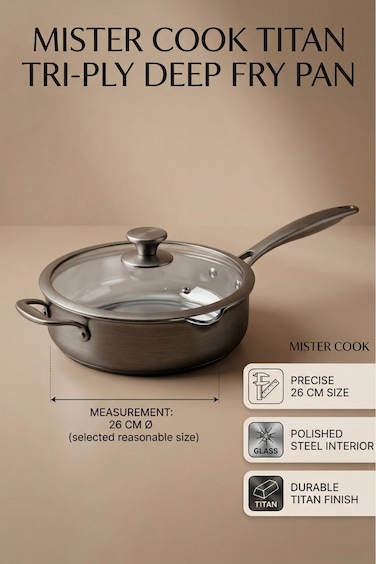 MISTERCOOK Mister Cook Titan Tri-Ply Deep Fry Pan With Wide Rim Glass Cover, 1140/26C, 26 Cm, Stainless Steel