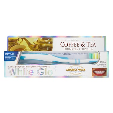 White Glo - Coffee &amp; Tea Formula Whitening Toothpaste with Anti-Stain Toothbrush &amp; Flosser Toothpicks, 100ml