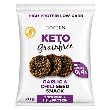 Rosten High Protein Low Carb Garlic &amp; Chili Seed Snack &ndash; Gluten Free, Grain Free, Keto Friendly &ndash; 70 g