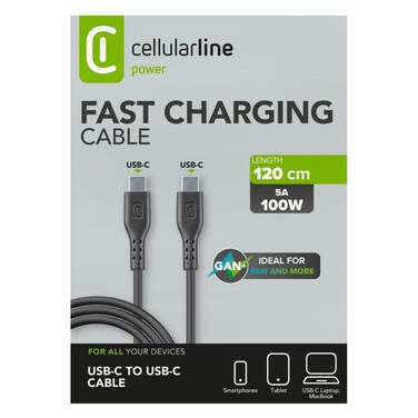 سيلولارلاين – كابل USB-C إلى USB-C بقوة 100 واط – 1.2 متر – أسود