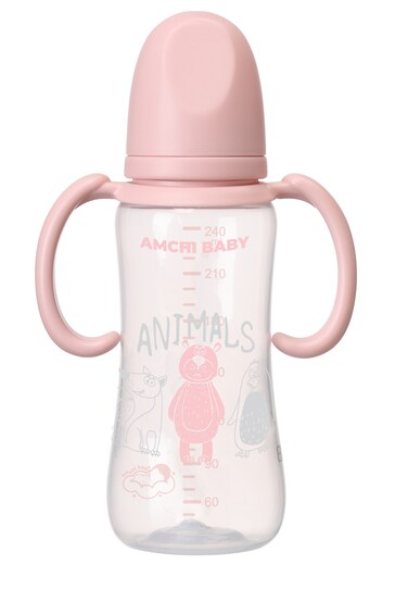 زجاجة رضاعة بمقبض سعة 240 مل للأطفال من 6 أشهر فما فوق-وردي