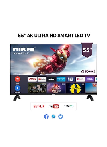 Nikai 55" 4K UHD Smart Android LED TV, Android OS/GAIA OS, Built-In Wi-Fi &amp; DLNA, Smart Apps Twitter, Facebook, And Skype, 3 HDMI 2 USB, Quad-Core Processor, 60Hz, UHD55SLED5 /UHD5510SLED Black