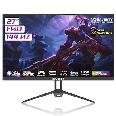 Majesty 27" FHD 1920x1080 Gaming Monitor, IPS, 144Hz, 1ms, HDR, 100% sRGB, G-SYNC &amp; FreeSync, Built-in Speakers, DisplayPort &amp; HDMI, VESA