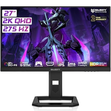 Majesty 27" QHD 2K Gaming Monitor, FAST IPS, 275Hz (Overclocking up To 275Hz), 1ms, HDR400, 100% sRGB, 10-Bit, G-sync &amp; FreeSync, HDMI 2.1, DP, VESA, Built-in Speakers, Flexible Stand