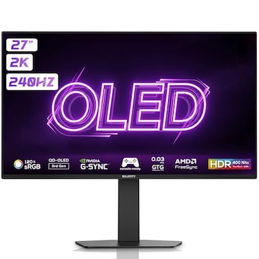شاشة ألعاب OLED من ماجيستي 27 بوصة 2K QHD، QD-OLED، 240Hz، 0.03ms، HDR400، ‎120% sRGB، 10-Bit، G-SYNC & FreeSync، HDMI 2.1، DP، VESA، سماعات مدمجة، RGB خلفي، حامل مرن