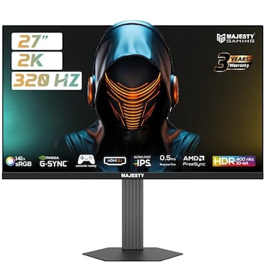 Majesty 27" 2K QHD Gaming Monitor, IPS, 320Hz, 0.5ms, HDR400, 10-Bit, 141% sRGB, G-SYNC &amp; FreeSync, AI, Built-in Speakers, RGB, DP &amp; HDMI, VESA, Flexible Stand
