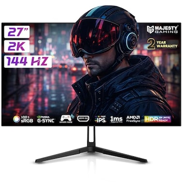 Majesty 27" 2K QHD Gaming Monitor, FAST IPS, 144Hz, 1ms, HDR400 Ready, 100% sRGB, 10-Bit, G-SYNC &amp; FreeSync, HDMI &amp; DisplayPort, VESA, Built-in Speakers, RGB Lighting, Flexible Stand