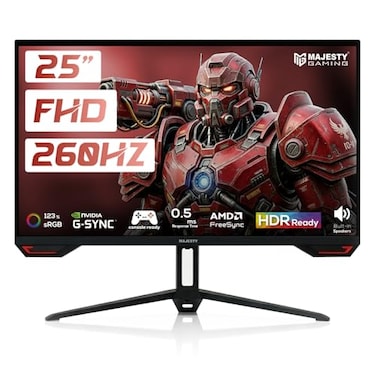 شاشة ألعاب ماجيستي 24.5 بوصة FHD 1920×1080، IPS، 260Hz، 0.5ms، HDR، ‎123% sRGB، G-SYNC & FreeSync، سماعات مدمجة، DisplayPort & HDMI، VESA، حامل مرن