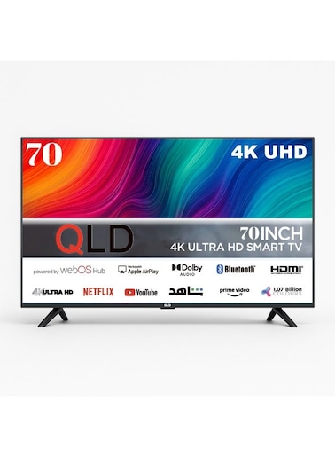 تلفزيون QLD الذكي بدون إطار مقاس 70 بوصة بتقنية DLED، دقة 4K UHD، نظام WebOS، زاوية رؤية واسعة 176 درجة، أسود، QLDT-70S4KW1