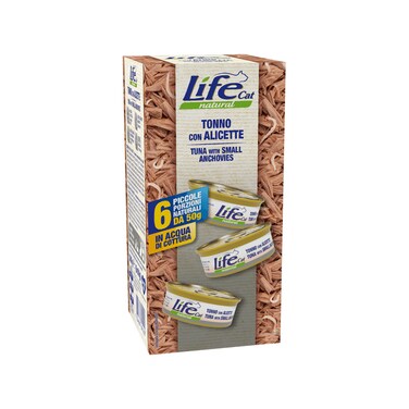 طعام قطط معلب متعدد الاستخدامات بسمك التونة والأنشوجة من لايف كات - ٥٠ غرام - عبوة من ٦ قطع