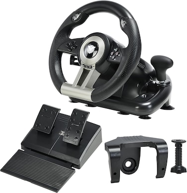 عجلة التحكم في سباقات السيارات ايه اس A600 - دوران 180 درجة مكونة من قيادة ودواسات مزودة بمنفذ يو بي عمومي ملائمة لالعاب الكمبيوتر وPC PS3 PS4 Xbox One نينتيندو سويتش - اسود